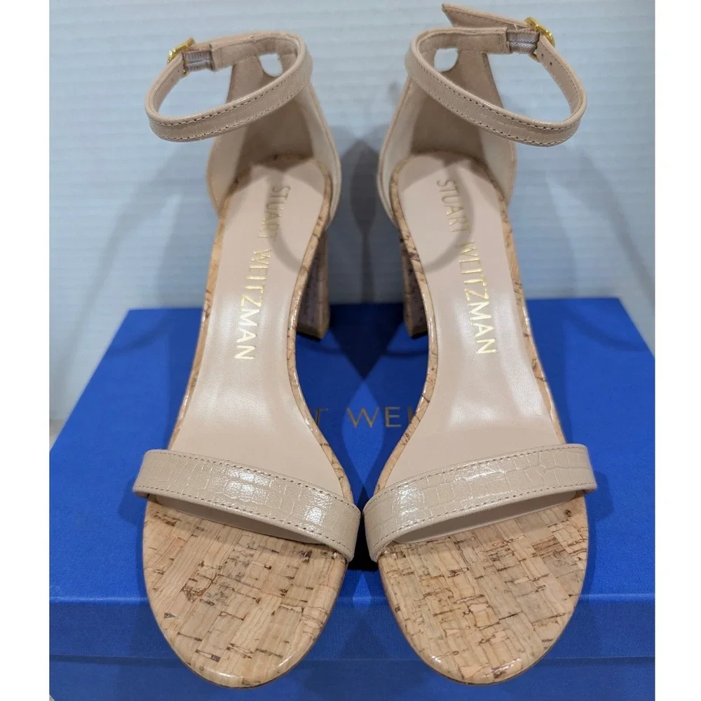 Stuart Weitzman Nearlynude Adobe Beige Croc Cork Block Heel Sandals 7.5 AA NIB
